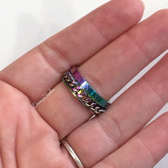 NEW SIZES 8mm Oil Slick Chain Spinner Ring Unisex Stainless Steel Roman Numerals - Picture 6 of 16